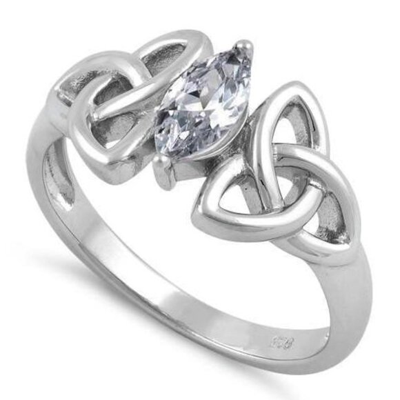 925 STERLING SILVER Dainty Celtic Triquetra Marquise Cubic Zirconia Ring - Picture 13 of 16